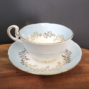 ROYAL GRAFTON Fine Bone China Cup and Saucer Blue White w/ Gold Filagree England